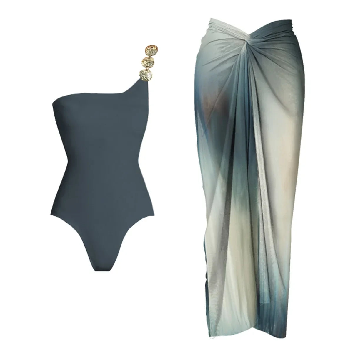 Deep V Neck Swimsuit With Cover Up Sexy Women Swimwear One Shoulder Bikini Female Belt Swimming Suit Shiny Bodysuit Beachwear