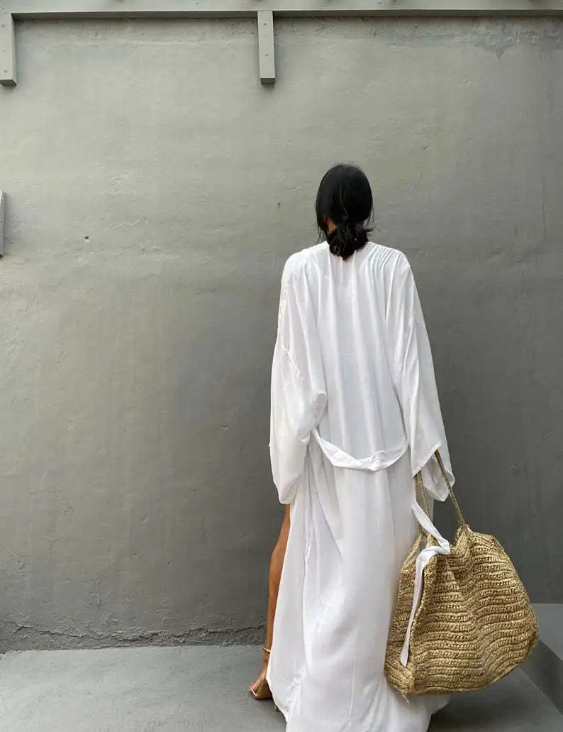 Solid Beach Cover Up Women Self Belted Wrap Kimono Dress Swimsuit 2025 New Robe Summer Beachwear Factory Supply