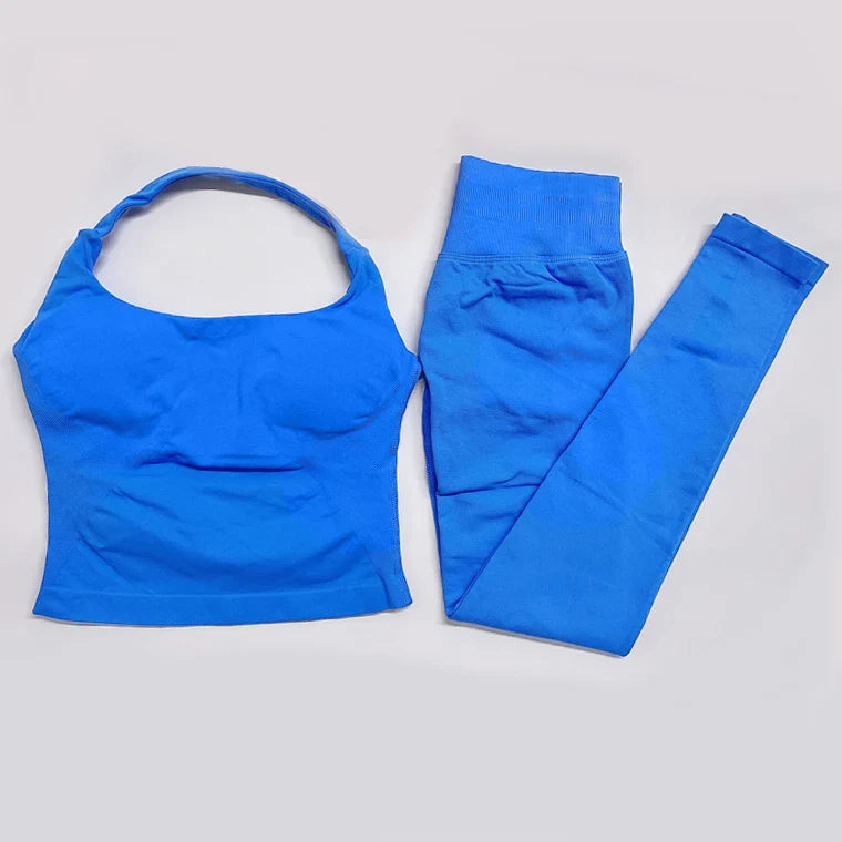 Women's Halter Top And Sports Leggings Gym Workout Set Two-Piece Pilates Clothes Yoga Outfits Impact Fitness Pants Set