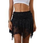 Womens Solid Color Summer Short Skirts Floral Lace Sheer Asymmetric Frill Hem Soft Lined Waist Ruched Mini Low Rise Skirts