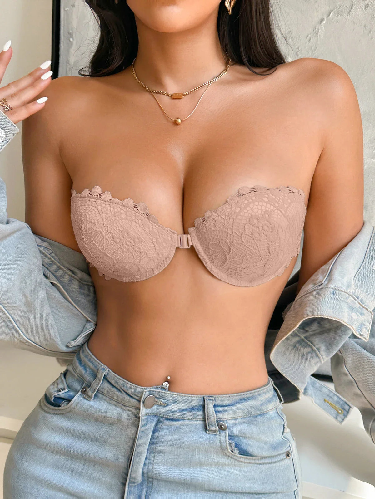 3Pcs Women Half Cup Lace Strapless Bra Adjustable Non-slip Off Shoulder Underwire Support Front Buckle Push Up Brassiere XS-L