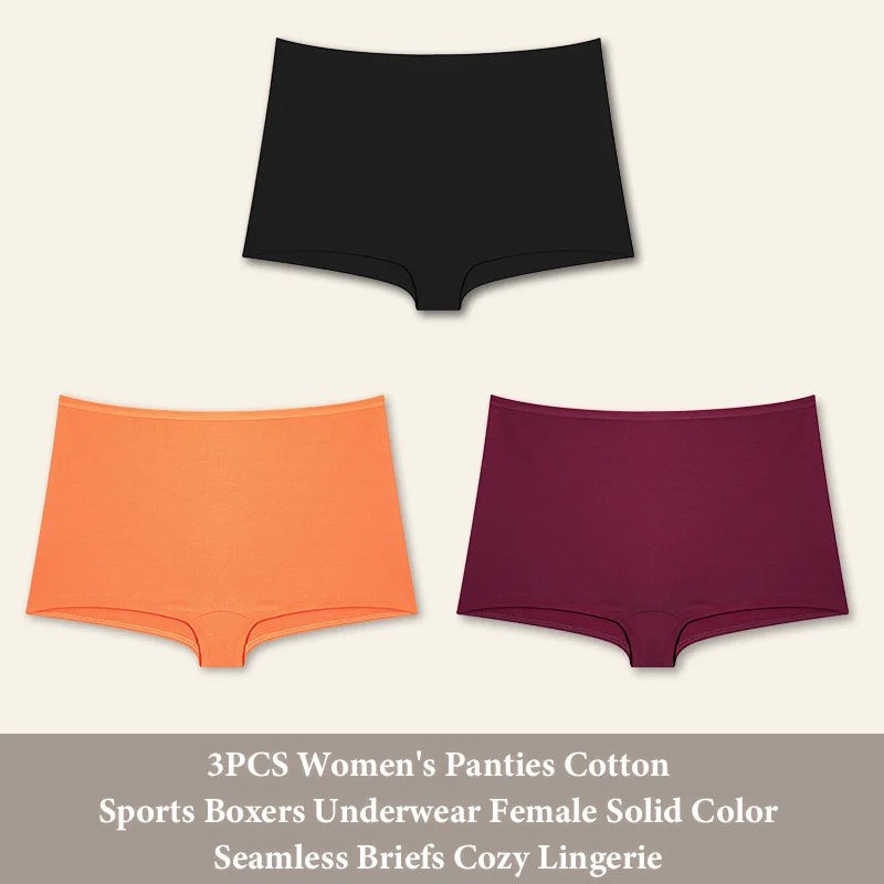 3PCS Women's Panties Cotton Seamless Sports Boxers Underwear Female Solid Color Briefs Cozy Lingerie Intimate Underpants XS-XL