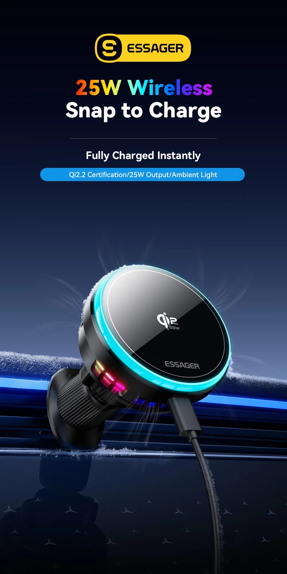 Essager QI2.2 25W Magnetic Car Phone Holder Wireless Charger Stand For iPhone 17 16 15 Pro Max Charging for Magsafe Car Charger