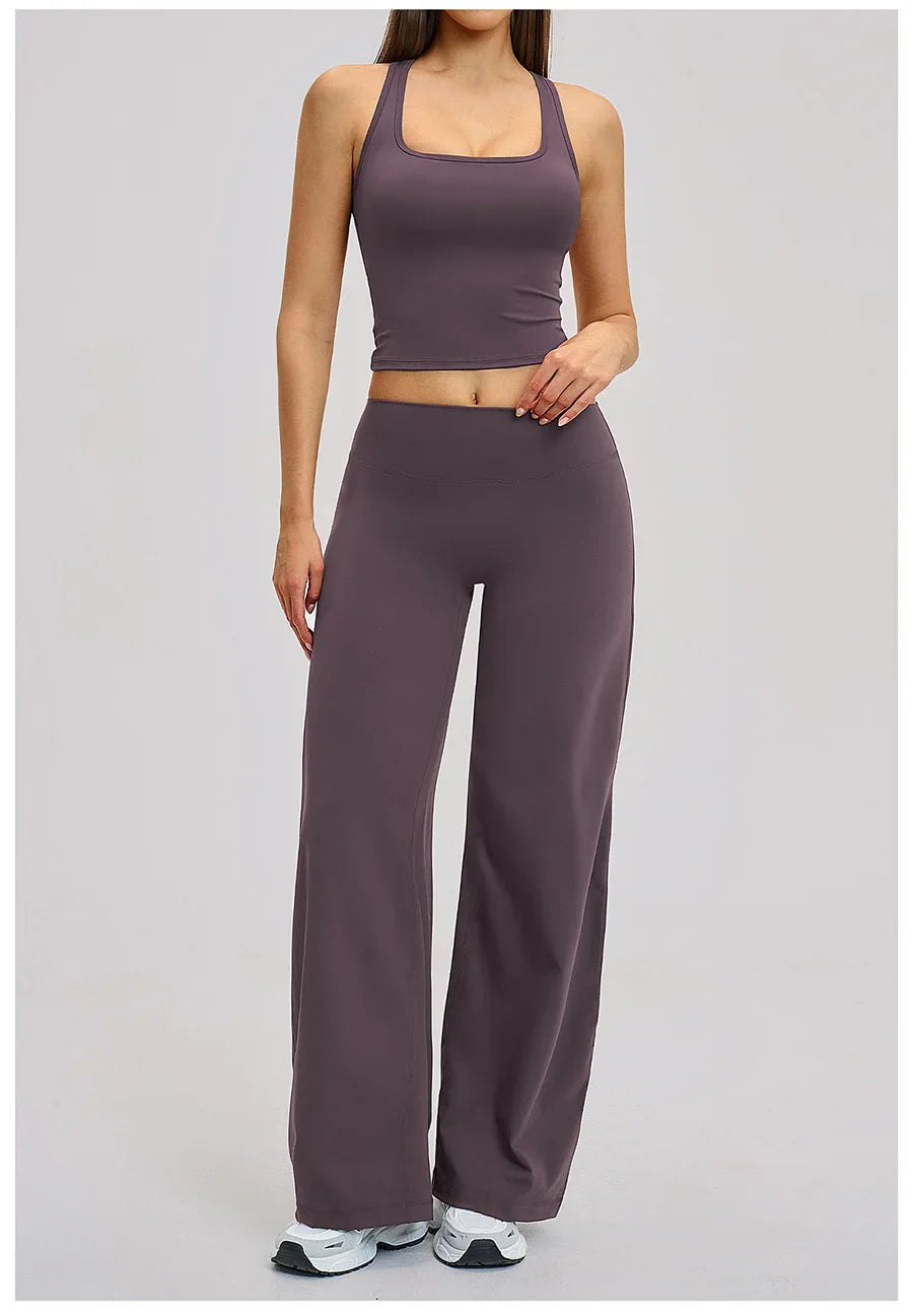 2 Piece Yoga Clothes Women Tracksuit Athletic Wear Pilates Fitness Suit Gym Workout Sets Push Up Sports Vest Wide Leg Pant Suit