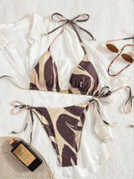Sexy Coffee Striped Bikini 2026 Women Halter Push Up Bra Tie Side Thong Swimsuit Brazilian Beach Bathing Suit Micro Swimwear
