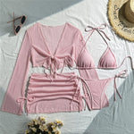 Beige Mesh Halter String Triangle Micro Thong Bikinis Sets 4 Pieces Long Sleeve Cover Ups Sexy Swimsuit Women Holiday Swimwear