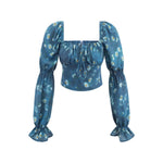 Teal Daisy Print Crop Blouse For Women Square Neck Sheer Puff Sleeves Ruffled Cuffs For Summer Evenings Garden Romantic RIOL