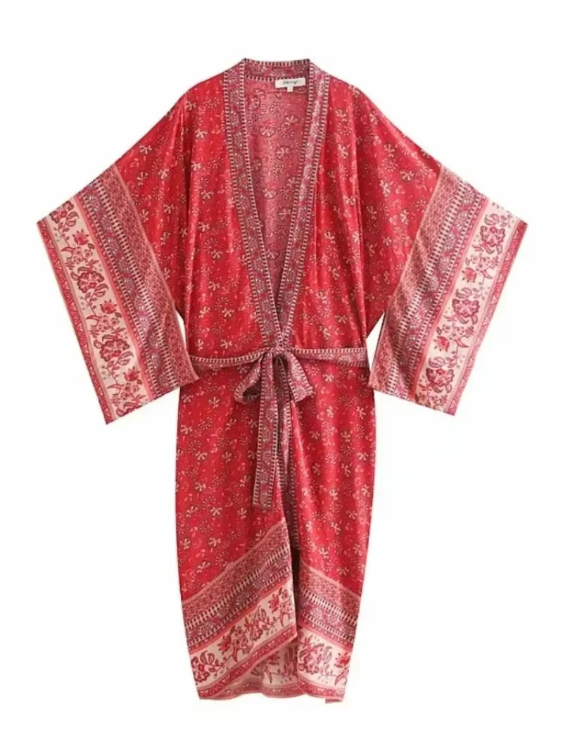 Happie Queens Women Floral Print Bat Sleeve Beach Bohemian Kimono Dress Ladies V Neck Summer Bikini Boho Cover-ups