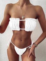 Elegant Purple Swimwear Women Sexy Off Shoulder Pleate Bikini Bandeau Hollow Out Lace-Up Push Up Bathing Suit Thong Swimsuit