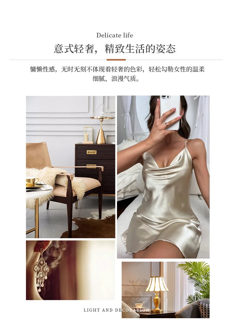 Sexy Short Backless Home Nightgown Solid Color Women's Robes V-neck Cross Suspender Skirt Simulated Silk Thin Dress for Women