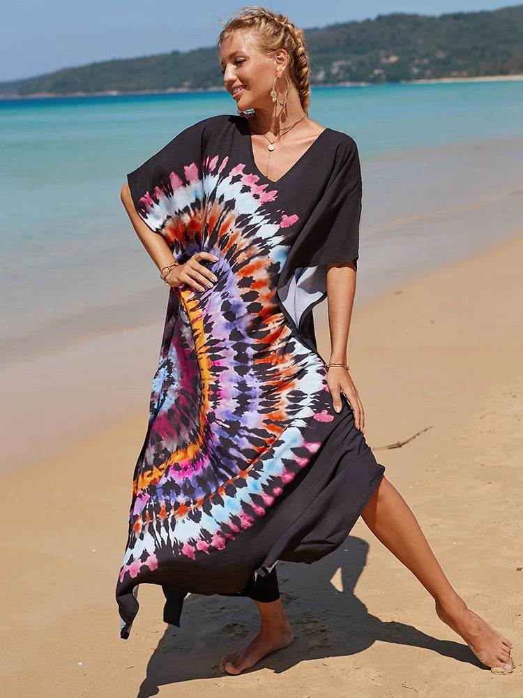 2025 Loose Boho Style Maxi Dress Print Face Swim Suit Cover-up Bohemian Dress Robe Plage Kaftan Maxi Dress Beach Wear Tunics
