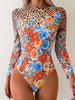 Vintage Red Floral Leopard Print One Piece Swimsuit 2025 Women Long Sleeve Back Zipper Slim Swimwear Beach Surf Bathing Suits test