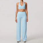 Hearuisavy Summer Yoga Set 2Pcs Women Breathable Backless Halter-Neck Sports Bra Push Up Pilates Fitness Top Straight Leg Pants