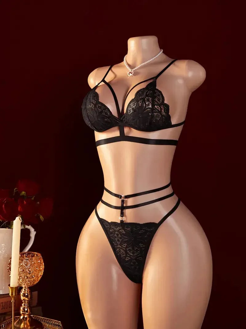 Sexy Lingerie Open Bra Set Transparent LaceDeep V Open Bra And Panty Sets Erotic Costumes Women Sleepwear Plus Size Underwear