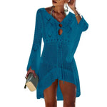 Sexy Women’s Bathing Suit Beach Cover Up Hollow Out Knitted Women Flared Sleeves Solid Color Beach Dress saida de praia