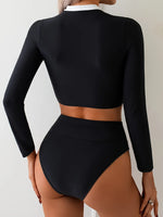 Vintage Black Contrast Bikini 2025 Women Long Sleeve Slim Shirt Top High Waist Sunscreen Swimsuit Beach Bathing Suit Swimwear