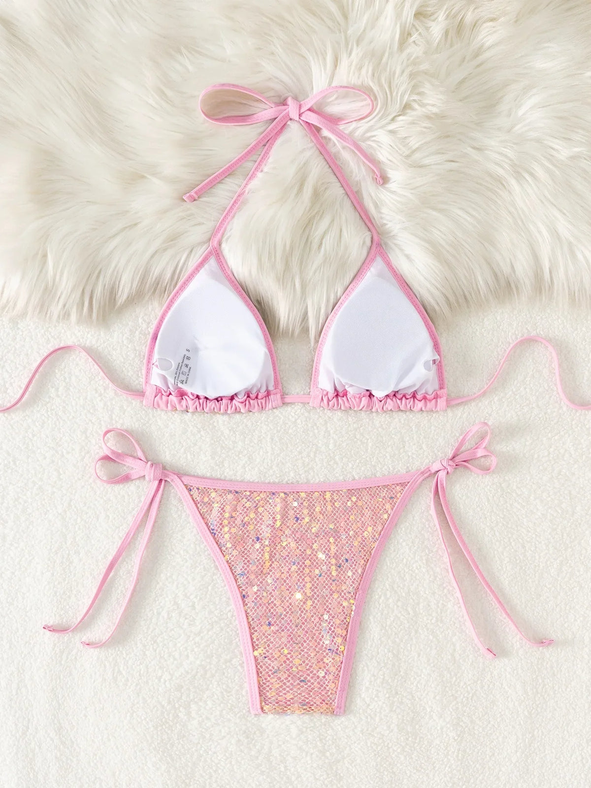 Shiny Sequin Pink Black Bikini Women Sexy Mesh Push Up Bra Tie Side Thong Swimsuit 2026 Brazilian BeachBathing Suit Swimwear