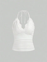 Lace V-neck Halter Top Women Summer Sexy Grunge Punk Goth Backless Ruched Crop Top Cami Top Streetwear Y2K Clothes 2024