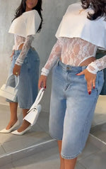 Sexy Women Crop Top+Lace Jacquard Full Sleeve Bodysuit Hottie Street Clubwear Slim Fit Wild Matching Basic Skinny Tees+Jumpsuit