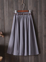 Midi Knee Length Summer Skirt Women With BeltFashion Korean Ladies High Waist Pleated A-line School Skirt Female
