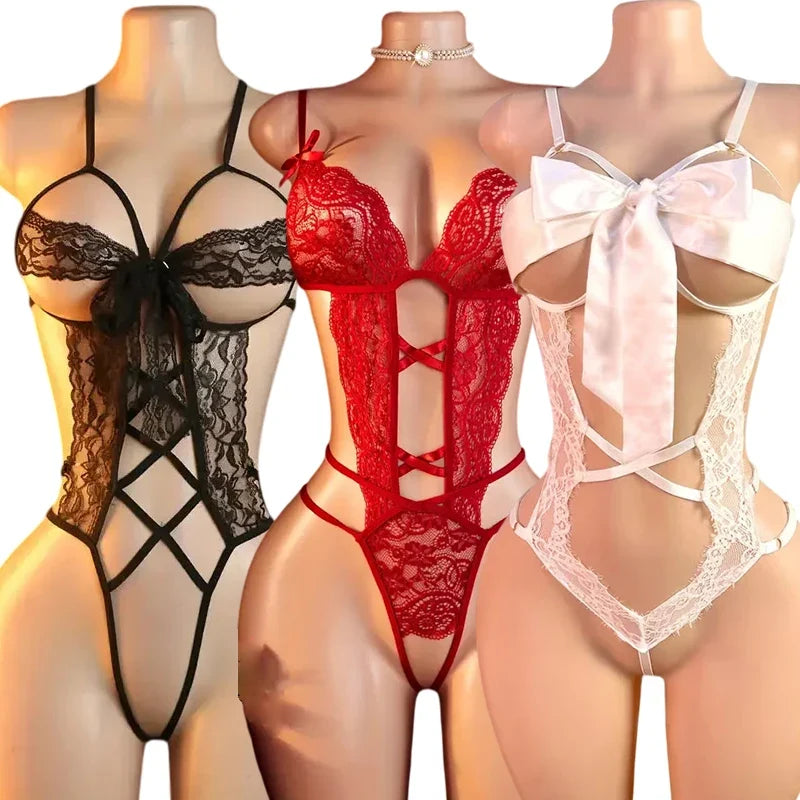 Sexy Lingerie Woman Lace Transparent Underwear Sexua Temptation Teddy Lingerie Deep V Open Bra Hot Dress Crotchless Bodysuits
