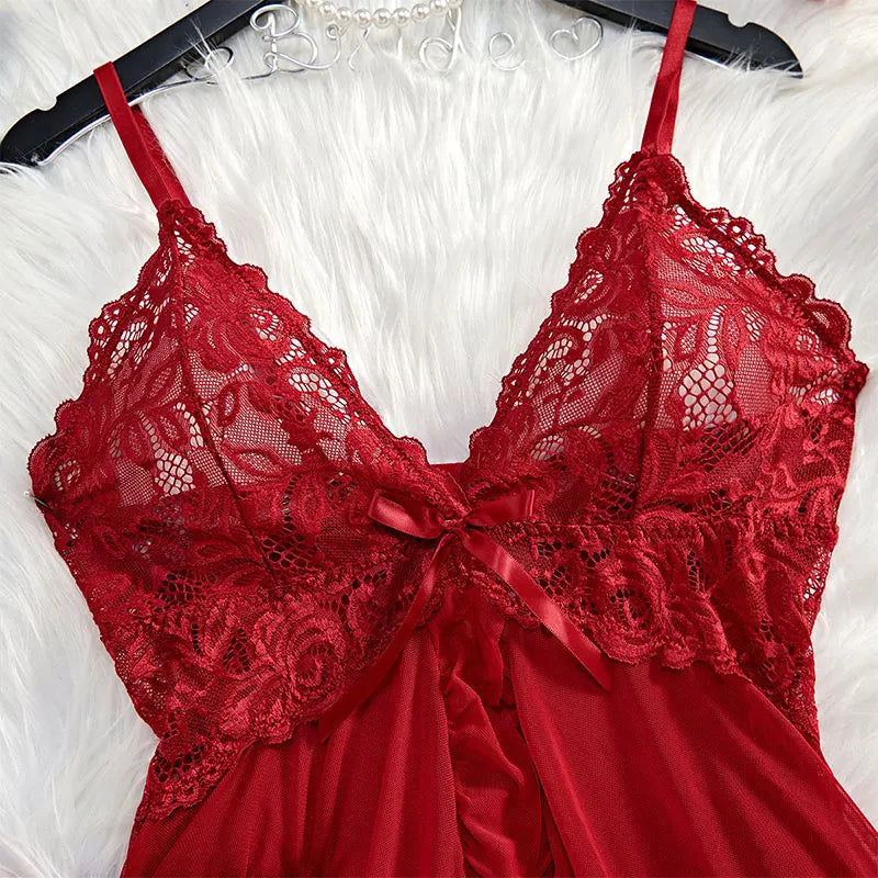 Sexy Women Lace Lingerie Set, Transparent Pink Lace Camisole & Panties Suit, Sexy Romantic Night V-Neck Temptation Hot Sleepwear