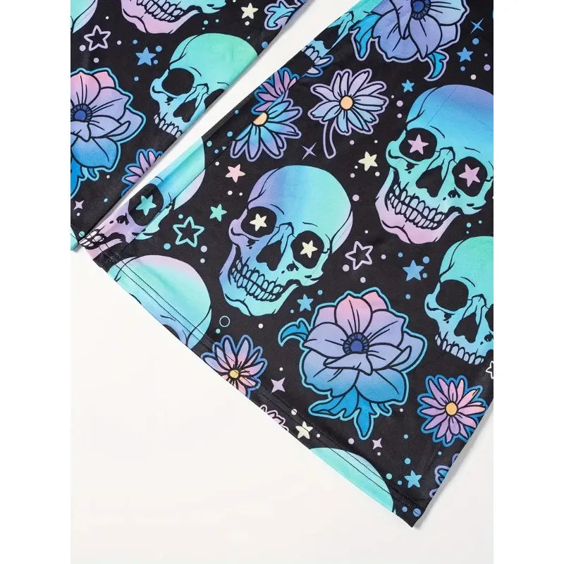 Hallowmas Skull Flower Print Pants Woman 2025 Plus Size Elastic Waist Wide Leg Pant Casual Large Full-length Trousers