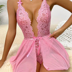 Sensual Lace Hollow BodysuitSexy Crotchless Lingerie Thong Women Erotic Pajamas Teddy Babydoll Dress Deep V Open Bra Porn Set