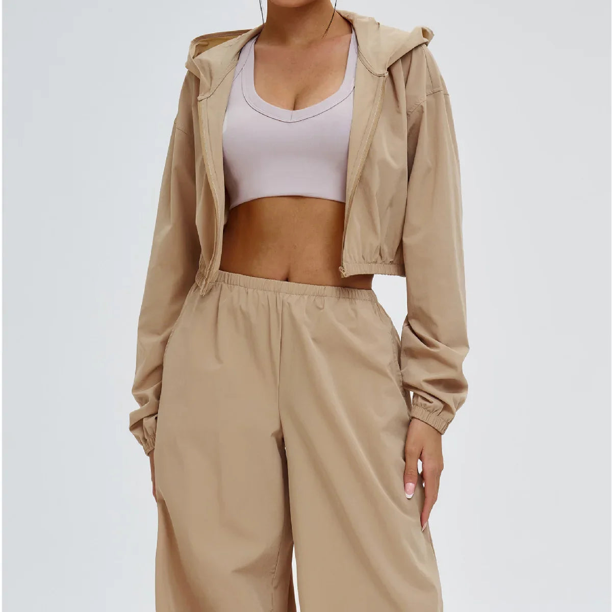 Sports sunscreen set Zipper windproof hooded sunscreen leisure outdoor 2 PCS Long Sleeved Loose sports riding Wide Leg Pants Set