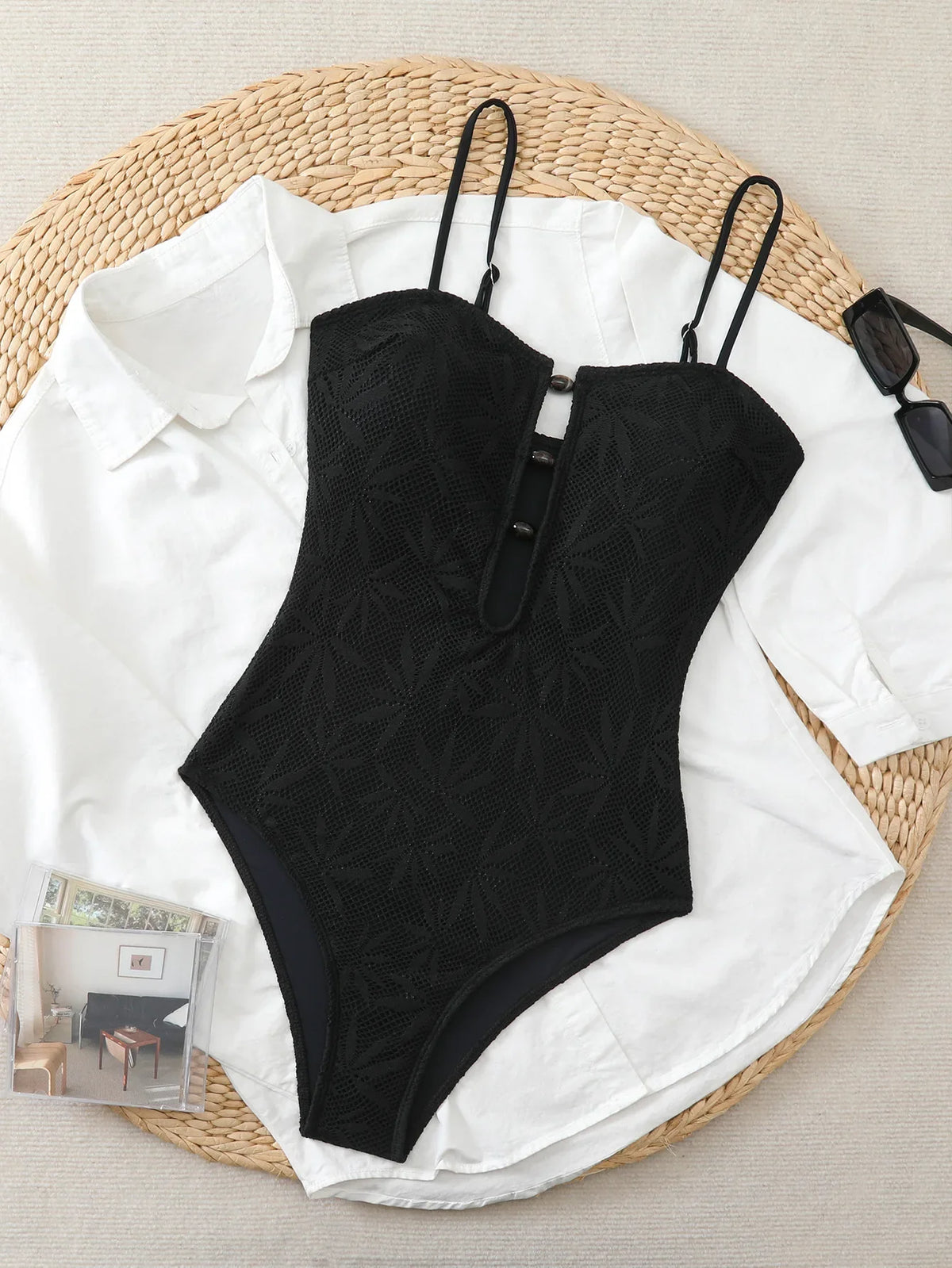 Vintage Coffee Leaves Print One Piece Swimsuit 2026 Women Beaded String Hollow Out Backless Mesh Slim Fit Tummy Control Swimwear