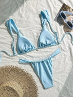 Sexy Starfish Ornament Bikini Set 2026 Women Sky Blue Pleate Push Up Bra Pleate Thong Swimwear Beach Bathing Suit Micro Swimsuit