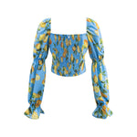 French Vacation Style Casual Sky Blue Lemon Print Short Shirt For Woman Pure Desire Elegant For Women Square Neck Summer WTGS