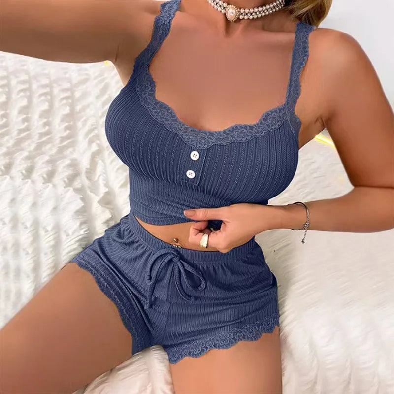 Womens Two Piece Pajama Set Ribbed Knit Lace Trim Crop Cami Top And Shorts Summer Loungewear Sleepwear Homewear New hot selling
