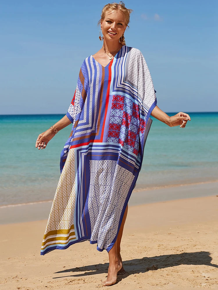 2025 Loose Boho Style Maxi Dress Print Face Swim Suit Cover-up Bohemian Dress Robe Plage Kaftan Maxi Dress Beach Wear Tunics