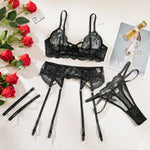 Embroidery Lingerie 3Pcs Sets Ultrathin Mesh Patchwork See Through Bras And Thongs Garter Suits Erotic Intimate Sexy Underwear