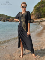 2026 Indie Folk Embroidered Short Sleeve Summer Dress Cotton Tunic Beach Kaftan Women Beachwear Swimsuit Cover Up Robe de plage