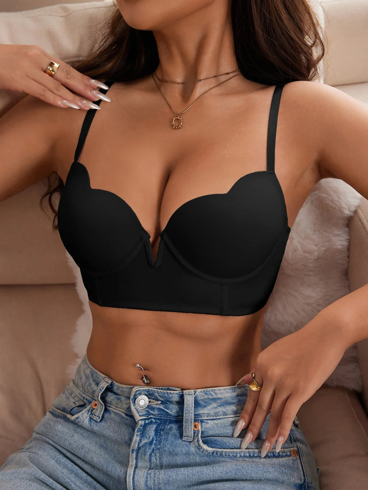 Summer Women's Solid Color Sexy bras Unadorned Push-Up with Scalloped Edge Plunge bra