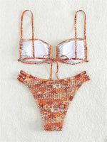 Sexy Pleate Micro Bikini Women U Neck Push Up Orange Floral Print Micro Swimsuit 2025 Summer Bathing Suit Lace Up Thong Swimwear
