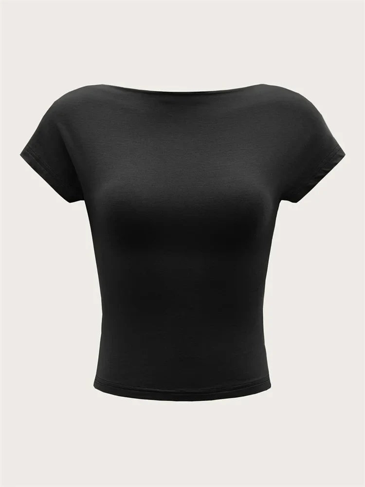 Women's O-neck Backless T-shirt Short Sleeve Solid Color Crop Top Summer Cute Baby Tee Y2K Clothes Bodycon Tunics Fashion Tank