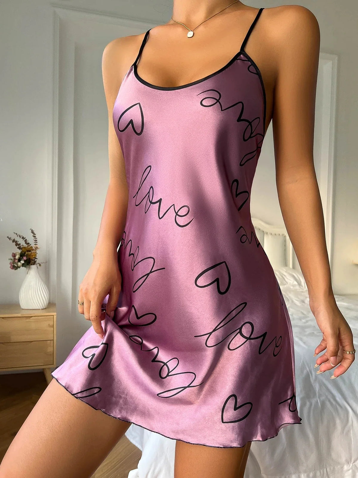 Heart Letter Print Nightdress Casual Round Neck Spaghetti Strap Sleep Dress Women's Sleepwear Dresses