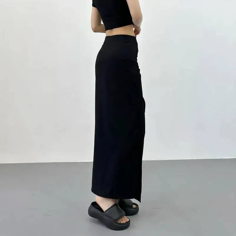 2026 New Pleated Side High Slit Half Length Skirt Women's Summer Spicy Girl Pure Desire Slim Wrap Hip Solid A-line Skirt 7MHN
