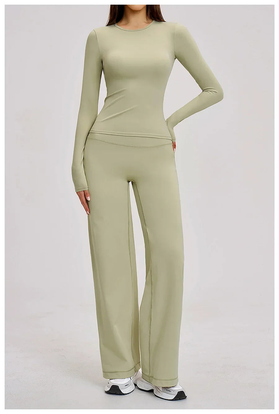 Yoga Set 2 Pieces Women Fitness Sportswear Gym Loose wide-leg pants Long-sleeved T-shirt Sports Crop Tops Tracksuit Workout Wear