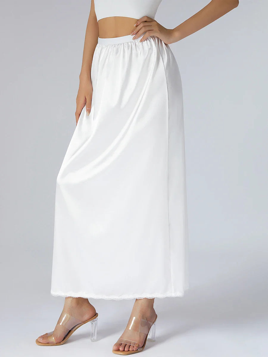Women's Solid Color Skirts Elastic Waist Satin Underskirt Lace Trim Skirt for Under Dresses Black/White