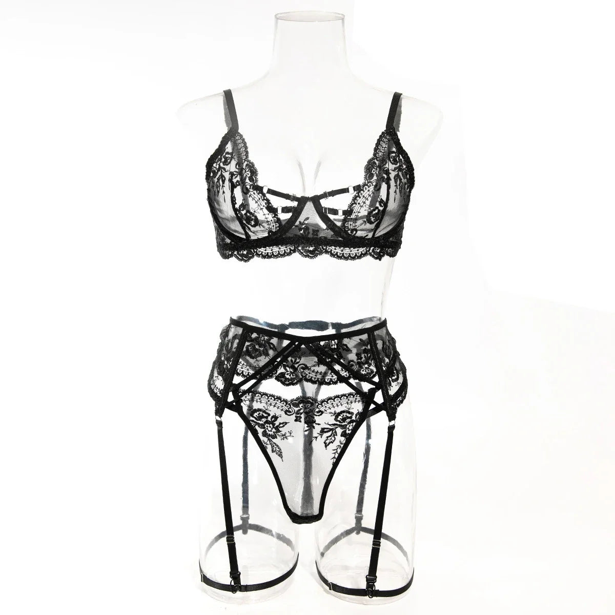 Embroidery Lingerie 3Pcs Sets Ultrathin Mesh Patchwork See Through Bras And Thongs Garter Suits Erotic Intimate Sexy Underwear