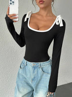 Women's Casual Color Block Slim Fit Long Sleeve Bodysuit Commuting Tie-Strap Decorate Rib-Knit Bodysuit Spring/Fall 2026