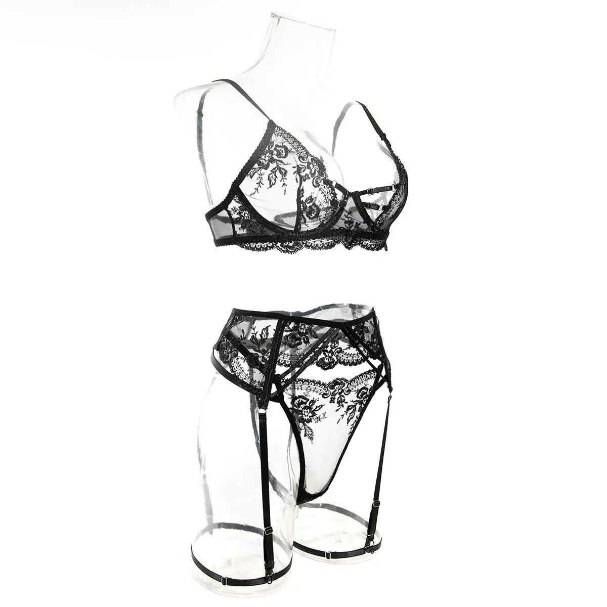 Embroidery Lingerie 3Pcs Sets Ultrathin Mesh Patchwork See Through Bras And Thongs Garter Suits Erotic Intimate Sexy Underwear