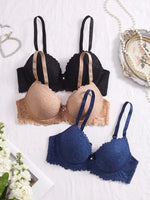 3Pcs Floral Lace Women's Underwear Set Daily Push-Up Bra Rhinestone Breathable Mesh Bra for Women