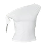 2025 Women'S Summer Ins Style New Shrink Pleated One-Shoulder Crop Top Backless Twist Tie Asymmetric T-Shirt Casual Top