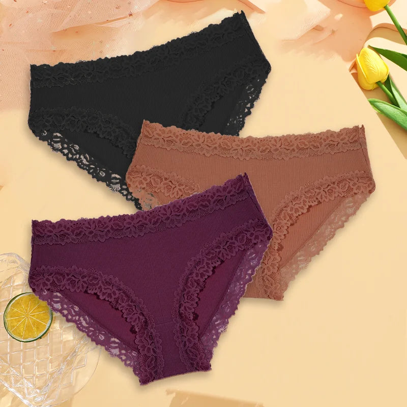 3Pcs Sexy Cotton Lace Panty Women Low Waist Panties Underwear S-XL Solid Color Ladies Briefs Lingere Underware Comfortable Women