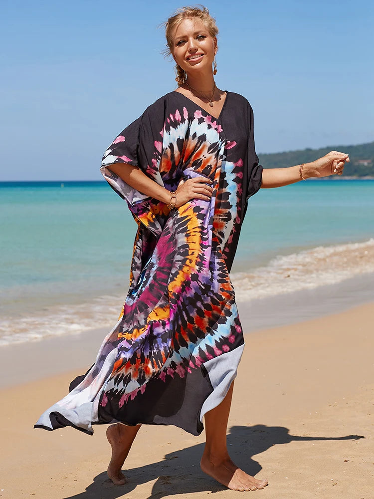 2025 Loose Boho Style Maxi Dress Print Face Swim Suit Cover-up Bohemian Dress Robe Plage Kaftan Maxi Dress Beach Wear Tunics